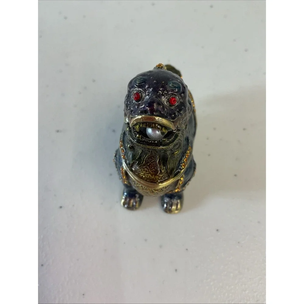 Foo Dog Trinket Box Chinese Guardian Lion Blue Enamel Rhinestone 2.5in‎